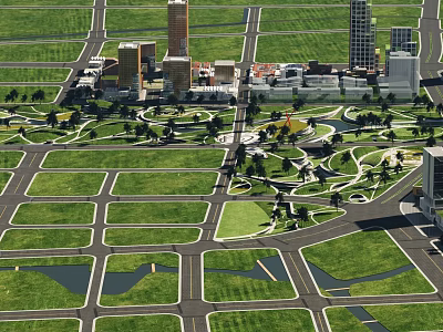 Aerial Urban Planning With Road Networks Green Spaces And Modern Buildings 3d model
