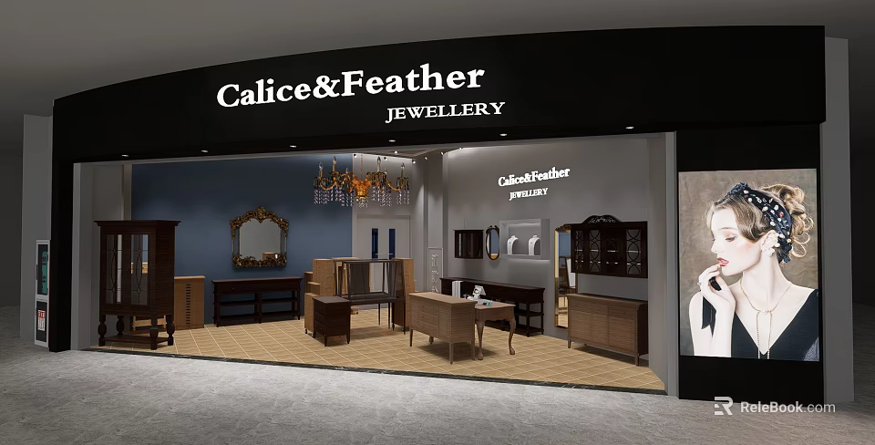 Elegant Calice and Feather Jewellery Store Interior With Luxury Display Cabinets And Chandelier 3d model 
