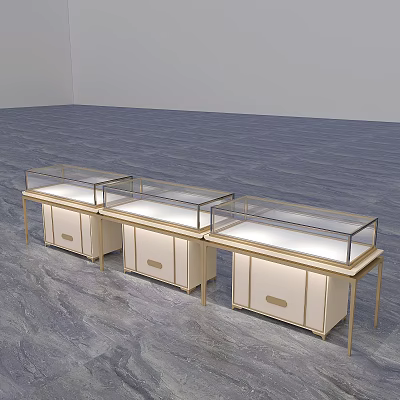 Light Beige Modern Display Shelves With Glass Top Storage Cabinets And Metal Legs For Retail Store 3d model