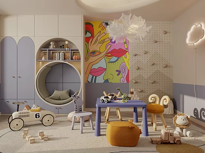 Vibrant Kids Playroom Featuring Colorful Mural Round Nook Toy Car Small Table Chairs Cloud Lamp 3d model