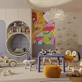 Vibrant Kids Playroom Featuring Colorful Mural Round Nook Toy Car Small Table Chairs Cloud Lamp