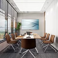 Modern Conference Room With Large Windows City View Long Table Brown Chairs And Green Plant