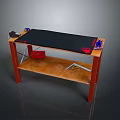 Dining Table With Black Table Mat Red Storage Box And Lower Wooden Shelf