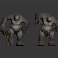 Two Giant Ape Sculptures Displaying Bent Postures Holding Rock And Open Mouth Features