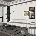 Modern Living Dining Room With White Sofa Black Geometric Rug Decorative Paintings And Green Plant