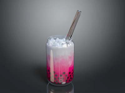 Refreshing Pink And White Gradient Beverage In Glass With Ice Cubes Straw And Black Pearls 3d model
