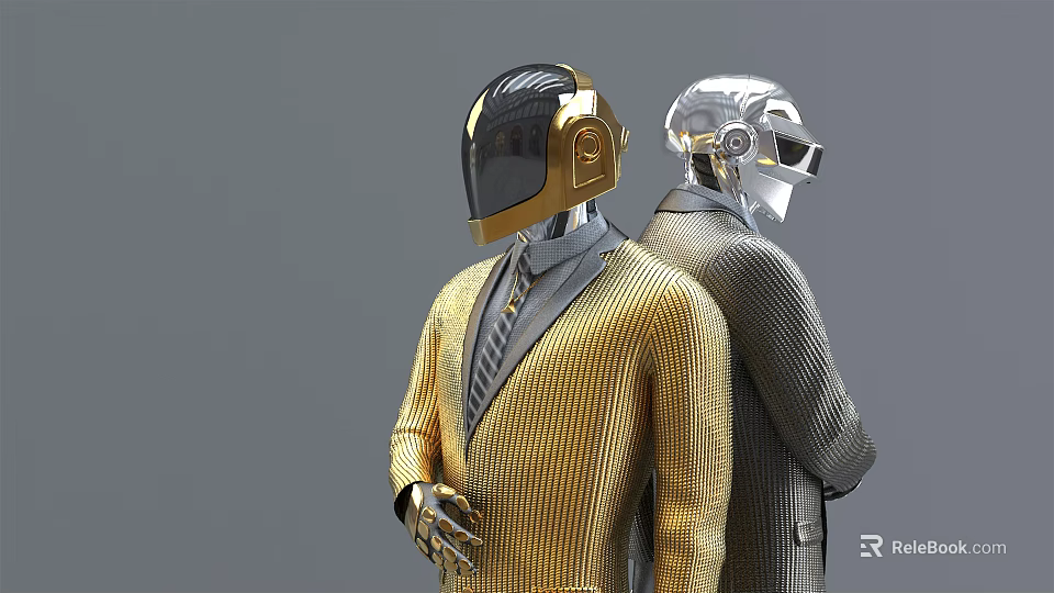Intelligent Machines in Gold and Silver Suits With Formal Attire and Helmets 3d model 