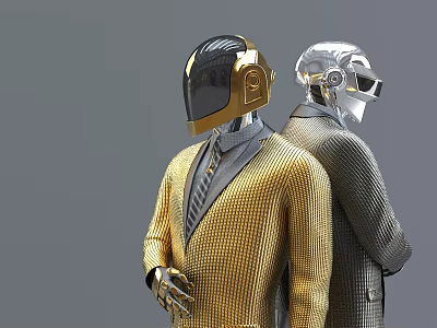Intelligent Machines in Gold and Silver Suits With Formal Attire and Helmets 3d model