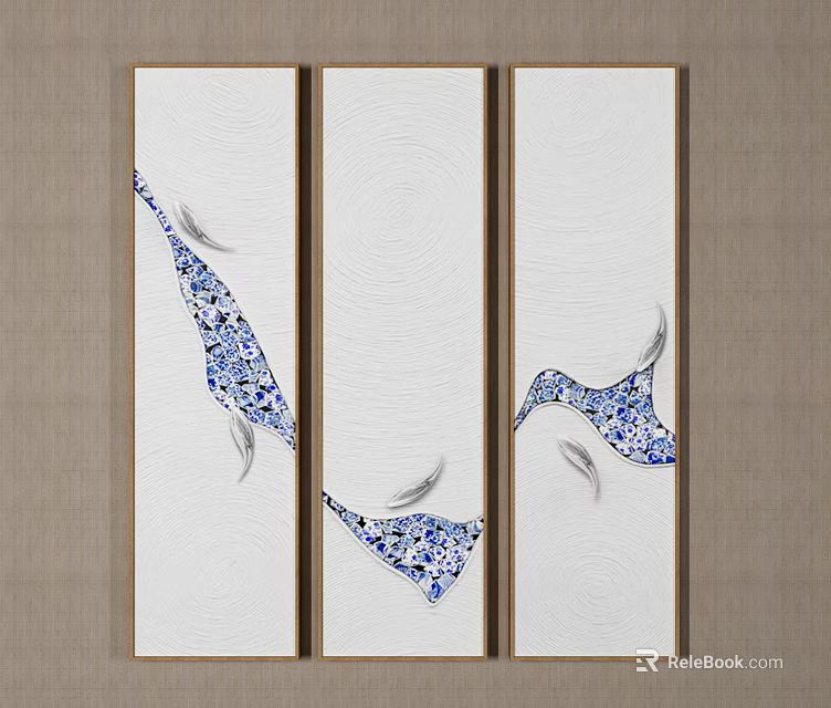 Three Panel Wall Art With Blue White Abstract Patterns Wood Grain Background And Gold Frames 3d model