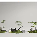 Lush Garden Courtyard Featuring Ferns Stones Moss Logs And Round Lights