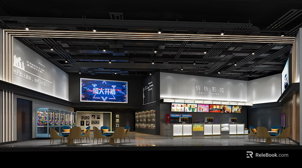 Modern Cinema Lobby With Ticket Counter Screen Seats And Food Counter 3d model 