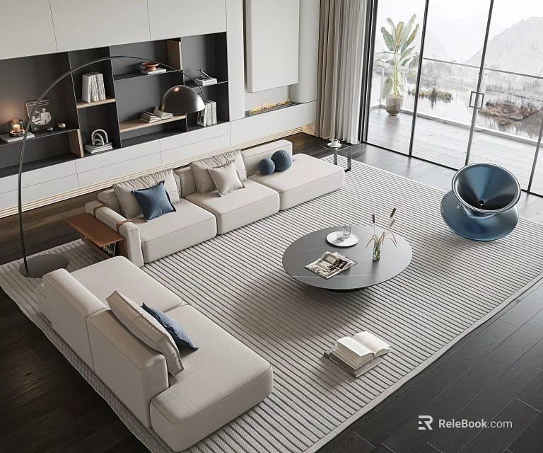 Modern Stylish Sofa And Coffee Table Set With Throw Pillows Area Rug And Decor Items 3d model 