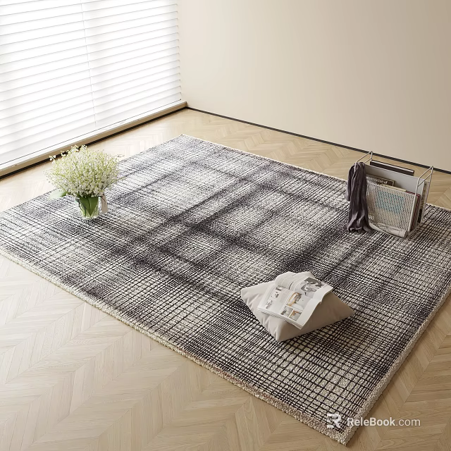 Modern Square Rug with Plaid Pattern in Neutral Tones Featuring Vase Magazines and Pillow 3d model 