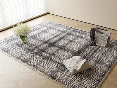 Modern Square Rug with Plaid Pattern in Neutral Tones Featuring Vase Magazines and Pillow 3d model