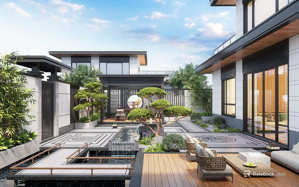 Traditional Courtyard Garden With Wooden Deck Water Feature And Green Plants 3d model 