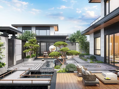 Traditional Courtyard Garden With Wooden Deck Water Feature And Green Plants 3d model