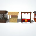 Traditional Chinese Street Stalls Featuring Wooden Structures Canopies Red Lanterns And Seating