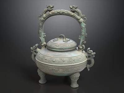 Ancient Chinese Bronze Tripod Censer With Dragon Handles And Carved Lid 3d model