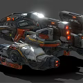 Futuristic Sci Fi Vehicle With Mechanical Structure Orange Black Color Glowing Lights And Weaponry