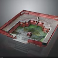 Architectural Model Of Garden With Red Border Green Water Feature And Central Tower