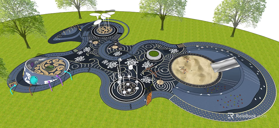 Playground Equipment Featuring Sandpit Climbing Structures Circular Paths and Trees in Grass Area for Kids 3d model 