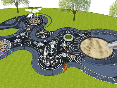 Playground Equipment Featuring Sandpit Climbing Structures Circular Paths and Trees in Grass Area for Kids 3d model