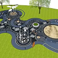 Playground Equipment Featuring Sandpit Climbing Structures Circular Paths and Trees in Grass Area for Kids