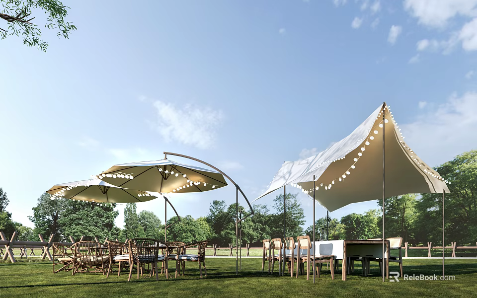 Outdoor Tent On Green Grass Field With Wooden Tables Chairs String Lights Under Blue Sky 3d model 