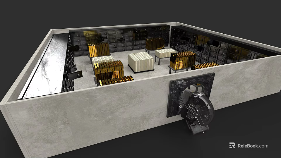 Secure Bank Vault Interior With Stacked Gold Bars And Heavy Duty Door 3d model 