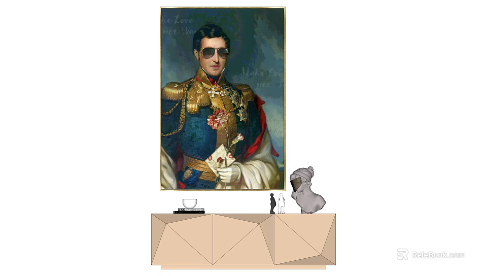 Vintage Military Portrait Painting With Sunglasses And Flower Bouquet On Wall Above Decorative Cabinet 3d model 