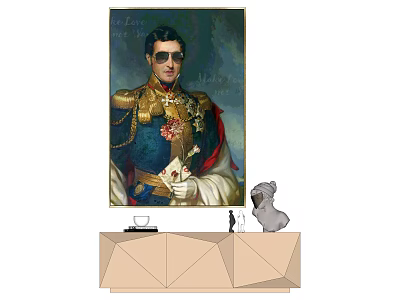 Vintage Military Portrait Painting With Sunglasses And Flower Bouquet On Wall Above Decorative Cabinet 3d model
