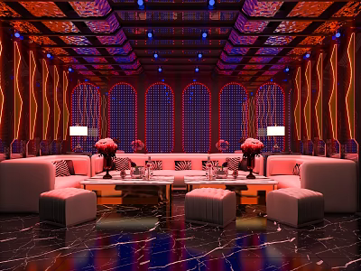Luxury KTV Interior with Neon Lights Arch Windows Sofa Coffee Tables and Decorative Flowers 3d model