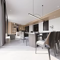 Modern Living And Dining Room Interior With Open Marble Countertop Wooden Ceiling Large Windows Sofa