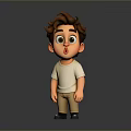 Cartoon Child Brown Curly Hair Big Eyes White T-shirt Khaki Pants Black Shoes Gray Background