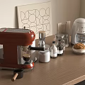 Red Coffee Machine and Small Kitchen Appliances on Wooden Countertop with Glass Jars and Artwork