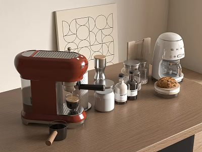 Red Coffee Machine and Small Kitchen Appliances on Wooden Countertop with Glass Jars and Artwork 3d model