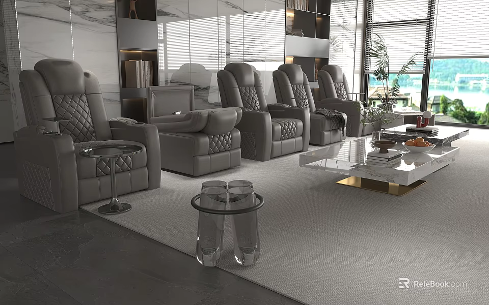 Luxury Modern Living Room Interior Design With Premium Leather Recliner Seats And Marble Coffee Table 3d model 