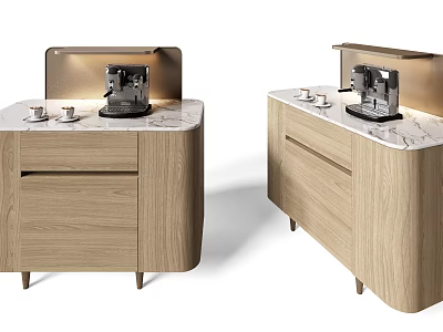 Elegant Modern Wooden Sideboard With Marble Countertop Coffee Machine And Cups 3d model