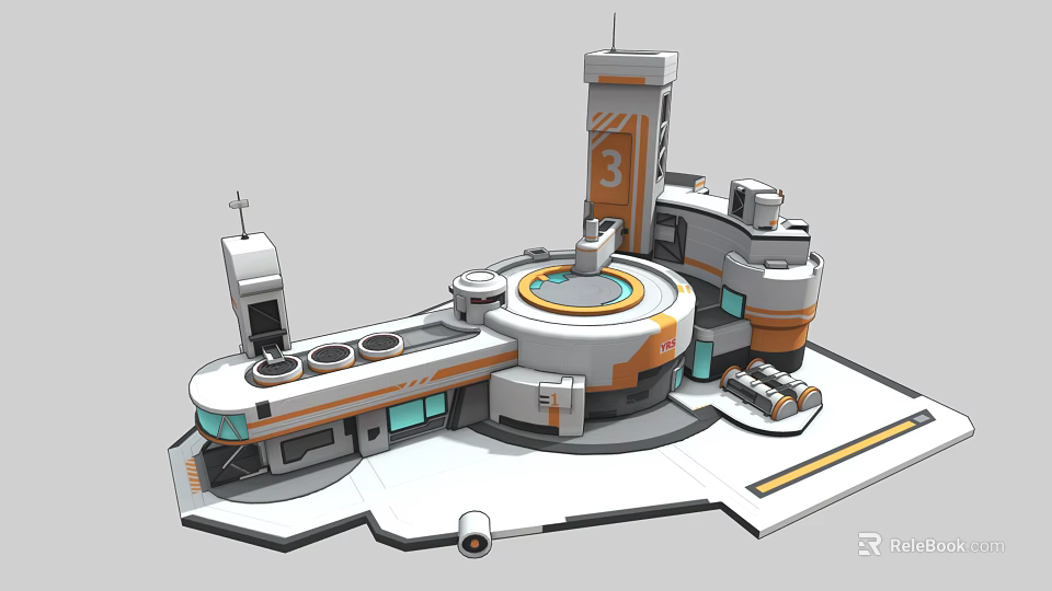 Futuristic Base Facility With Tower Labeled 3 Circular Central Structure Modular Buildings White Gray Orange 3d model 