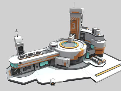 Futuristic Base Facility With Tower Labeled 3 Circular Central Structure Modular Buildings White Gray Orange 3d model