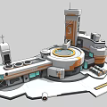 Futuristic Base Facility With Tower Labeled 3 Circular Central Structure Modular Buildings White Gray Orange