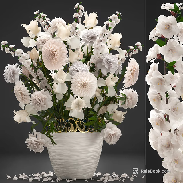 Elegant White Flower Bonsai Potted Plant With Decorative Vase And Green Leaves 3d model 