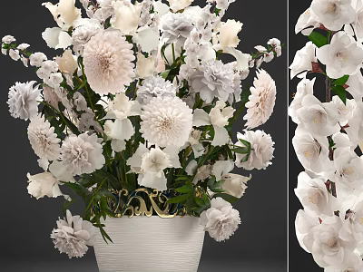 Elegant White Flower Bonsai Potted Plant With Decorative Vase And Green Leaves 3d model