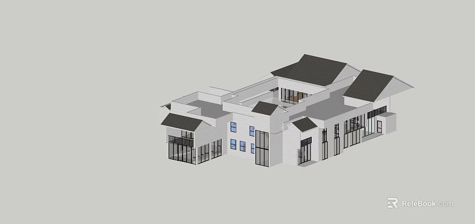 Rural Self Built House Modern Design With Black Roof White Walls And Multiple Windows 3d model 