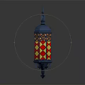 Vintage Iron Wall Mounted Lantern With Decorative Top And Stained Glass Red Yellow Diamond Pattern
