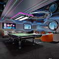Modern Billiard Room Interior With Multiple Pool Tables Cues And Lighting