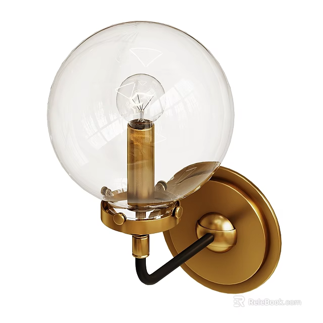 Modern Wall Lamp With Transparent Glass Globe Gold Metal Base And Visible Bulb 3d model 