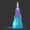 Colorful Geometric Tower Structure With Rocket On Top And Blue Base