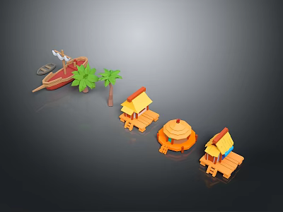 Tropical Beach Hut Buildings With Palm Trees Wooden Boat And Round Pavilion 3d model