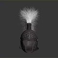 Ancient Weapon Helmet Showcasing Metallic Construction Decorative Carvings And White Plume 3d model